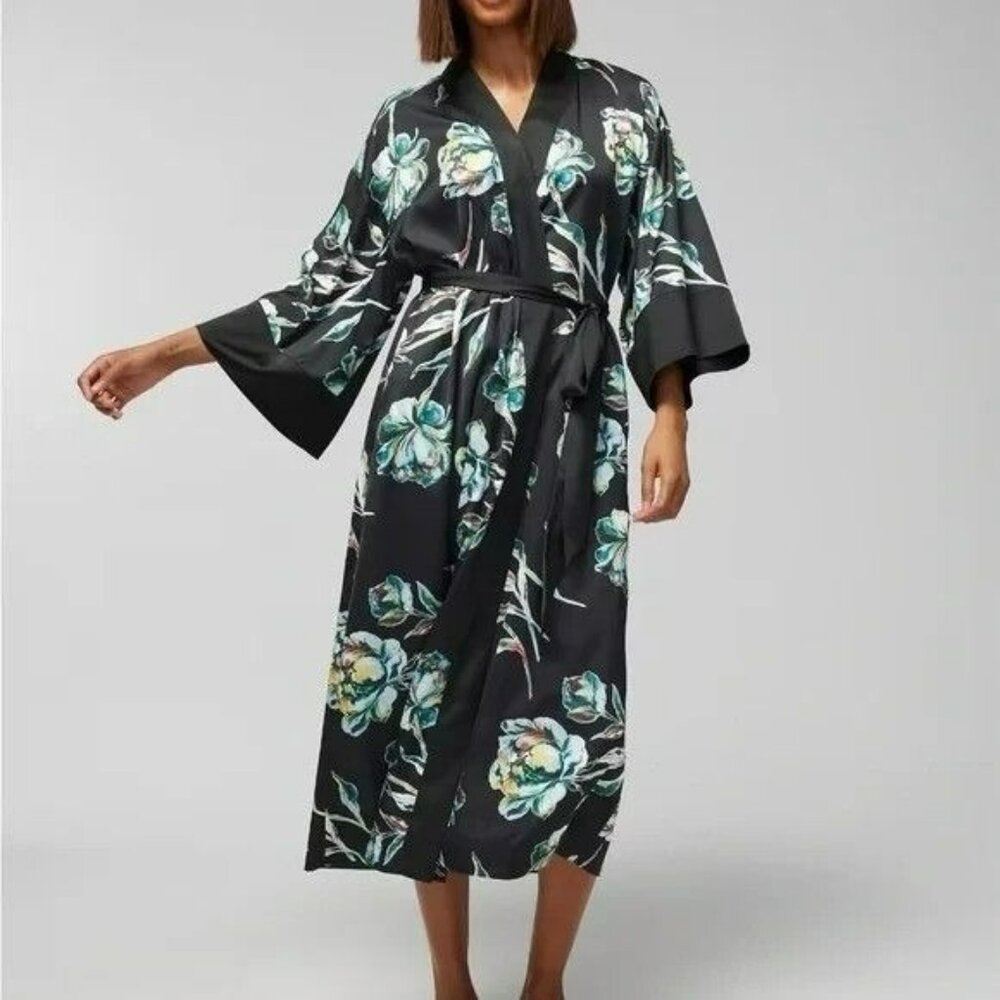 SOMA Satin Kimono Robe Impressions Floral Black Midi Wide Flowy Sleeves Sz S/M